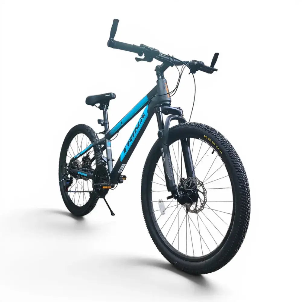 Trinx K024 24-Inch mountain bike in black with Blue accents, featuring lightweight aluminum frame, front suspension fork, disc brakes, and Kenda tires.
