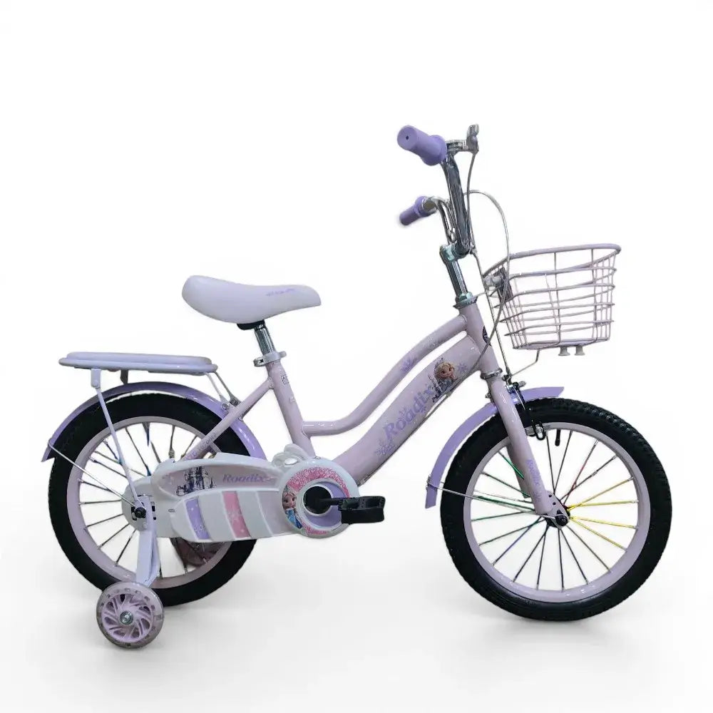 Side View of Roadix 16 inch ppurple girls bicycle with training wheels and front basket