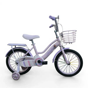 Side View of Roadix 16 inch ppurple girls bicycle with training wheels and front basket