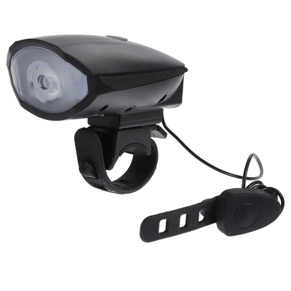 Black rechargeable bicycle LED headlight and integrated horn with handlebar mount and wired remote switch, isolated on a white background.