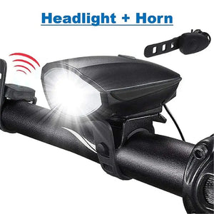 Black bicycle headlight and horn mounted on handlebars with lit front beam and 'Headlight + Horn' text banner.