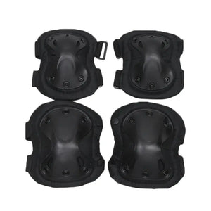 Black four-piece knee and elbow pad set with hard outer shells and padded edges.