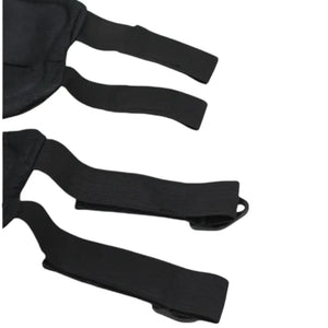 Close-up of adjustable straps and fastening loops on black protective pads.