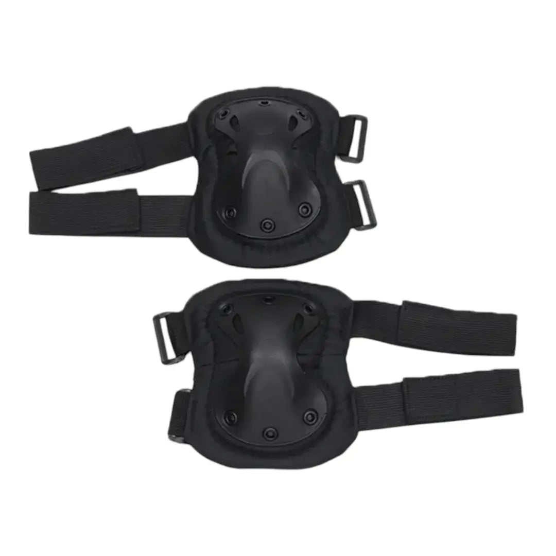 Pair of black protective pads with hard outer shells, padded edges, and adjustable fastening straps.
