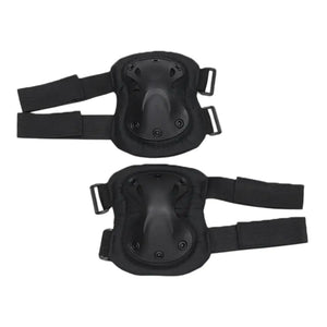 Black elbow pads with hard outer shells and adjustable fastening straps, front view.
