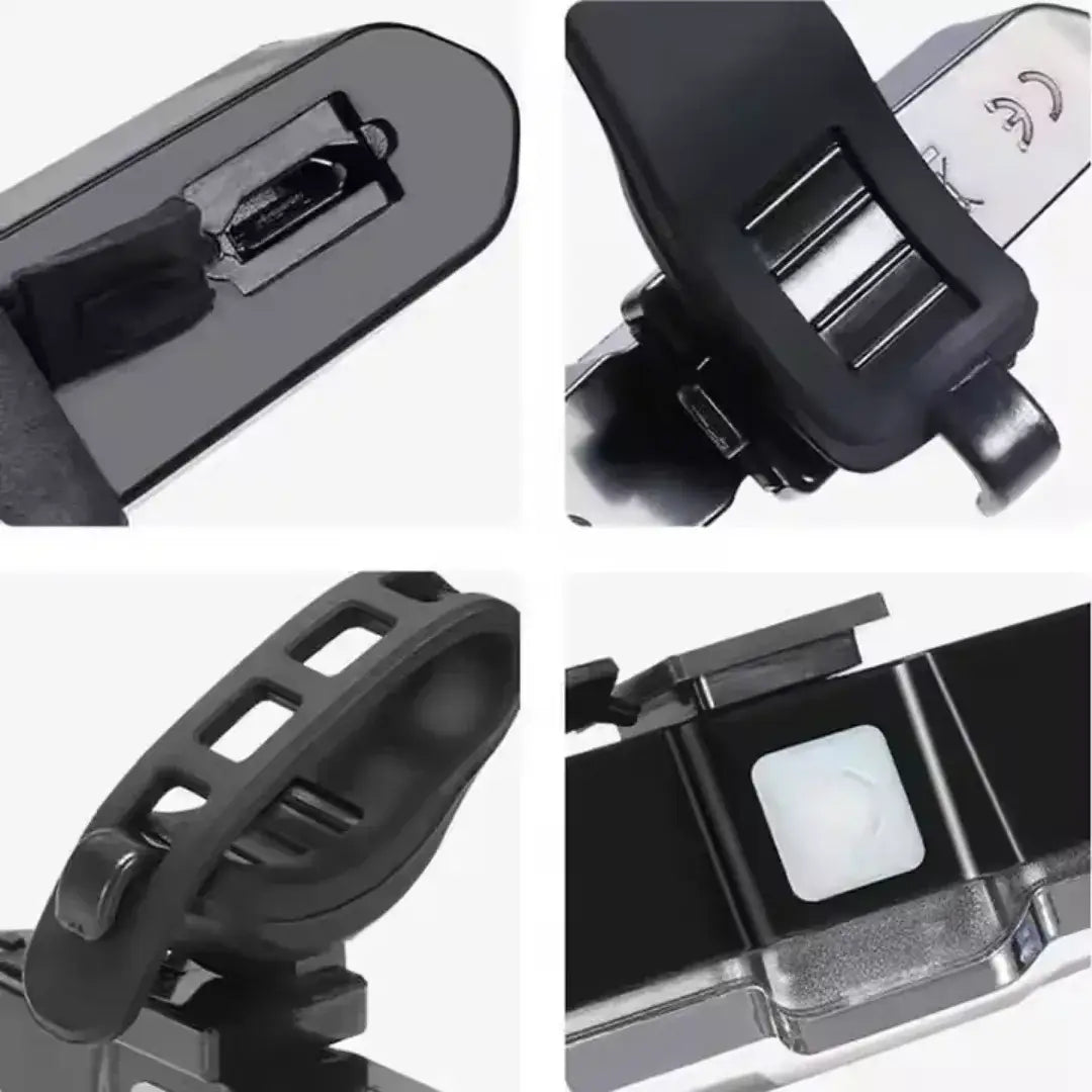 Close-up views of the bicycle tail light's USB charging port, mounting clip, adjustable strap and power button.