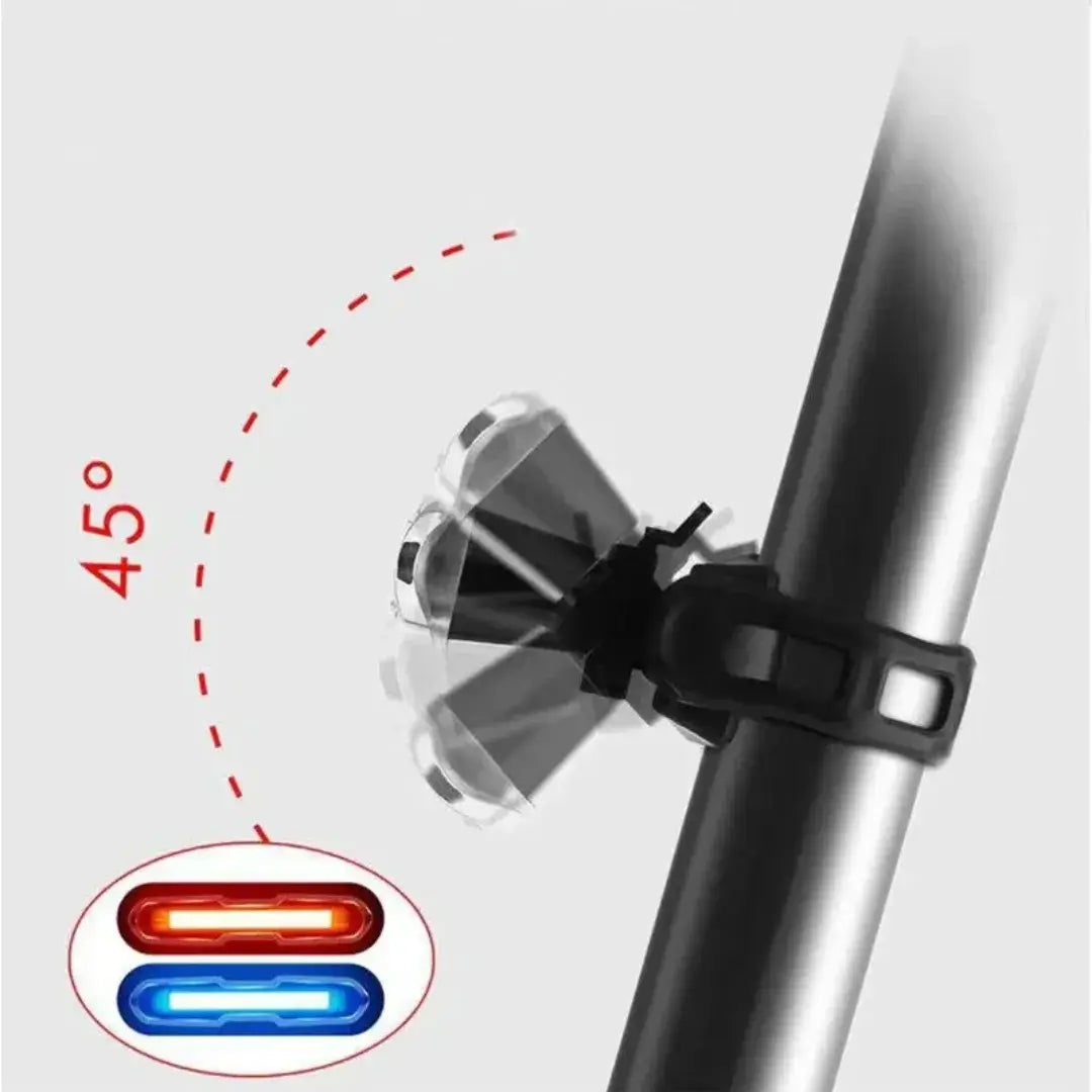 Bicycle tail light mount demonstrating 45-degree angle adjustment on a seatpost.