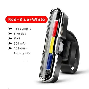 Red, blue and white bicycle tail light with listed specs: 110 lumens, five modes, IPX5, 500 mAh and 10-hour battery life.