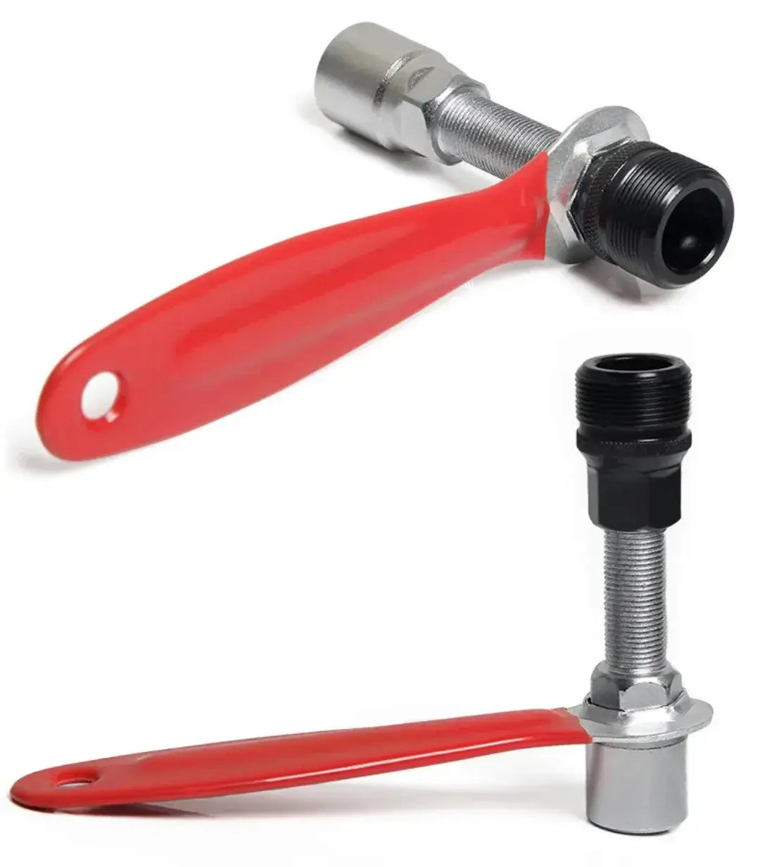Two views of a bicycle crank puller showing a red-handled wrench fitted to the adapter and extractor bolt.