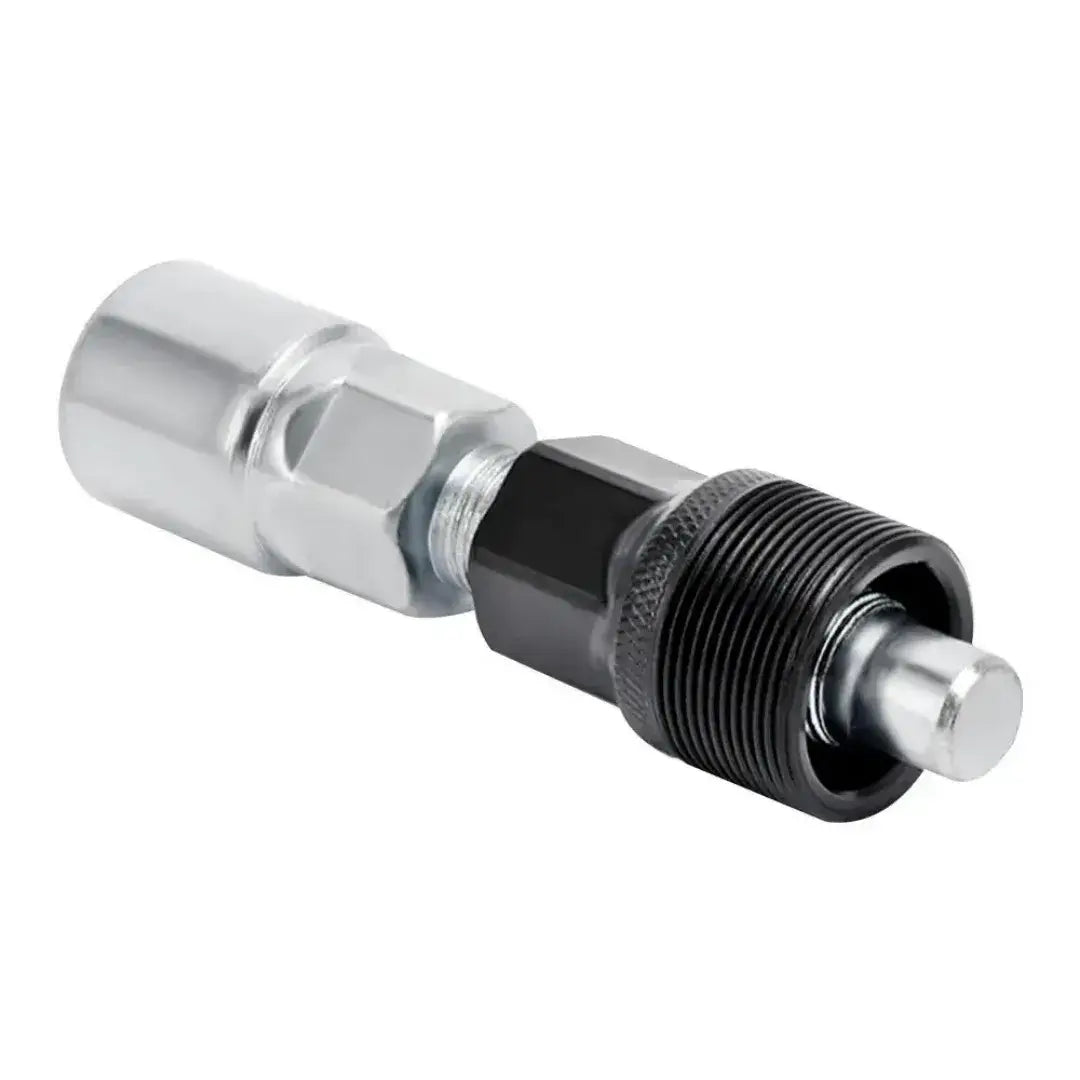 Bicycle crank puller with a black threaded adapter and silver extractor pin, shown at an angle.