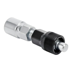 Bicycle crank puller with a black threaded adapter and silver extractor pin, shown at an angle.
