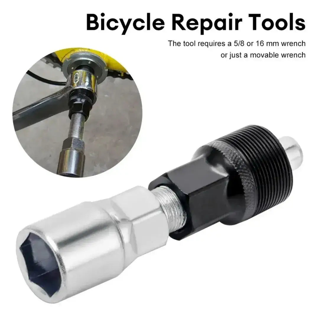Bicycle crank puller with an inset showing crank removal and a note specifying a 16 mm or adjustable wrench.