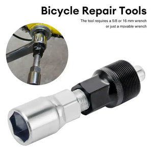 Bicycle crank puller with an inset showing crank removal and a note specifying a 16 mm or adjustable wrench.