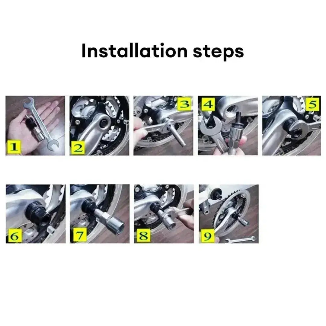 Nine-step photo guide showing bicycle crank arm removal using a crank puller tool and spanner wrench.
