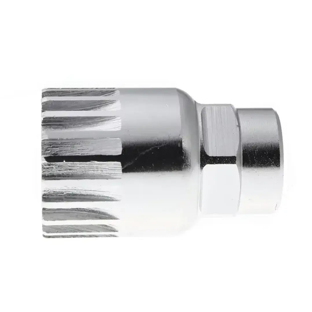 Silver metal bottom bracket removal socket tool for bicycle crankset maintenance, shown on a white background.
