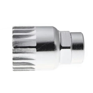 Silver metal bottom bracket removal socket tool for bicycle crankset maintenance, shown on a white background.