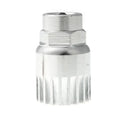 Silver metal bottom bracket removal socket tool for bicycle crankset maintenance, shown on a white background.