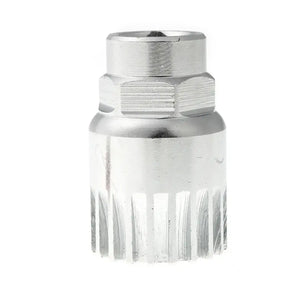 Silver metal bottom bracket removal socket tool for bicycle crankset maintenance, shown on a white background.