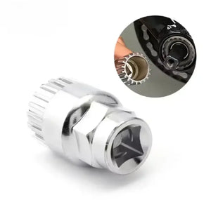 Bicycle bottom bracket removal socket tool with usage inset.