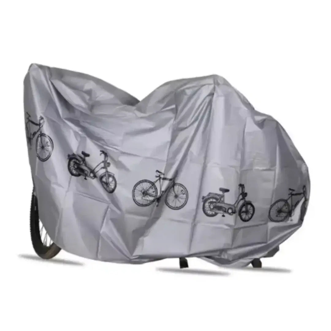 Silver-gray waterproof full bicycle protective cover with black bike pattern print, isolated on white background