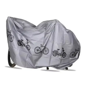 Silver-gray waterproof full bicycle protective cover with black bike pattern print, isolated on white background