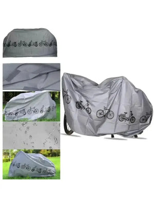 Collaged product image of a silver bicycle cover showing full bike coverage, fabric close-up, outdoor garden use, and water-droplet resistant surface