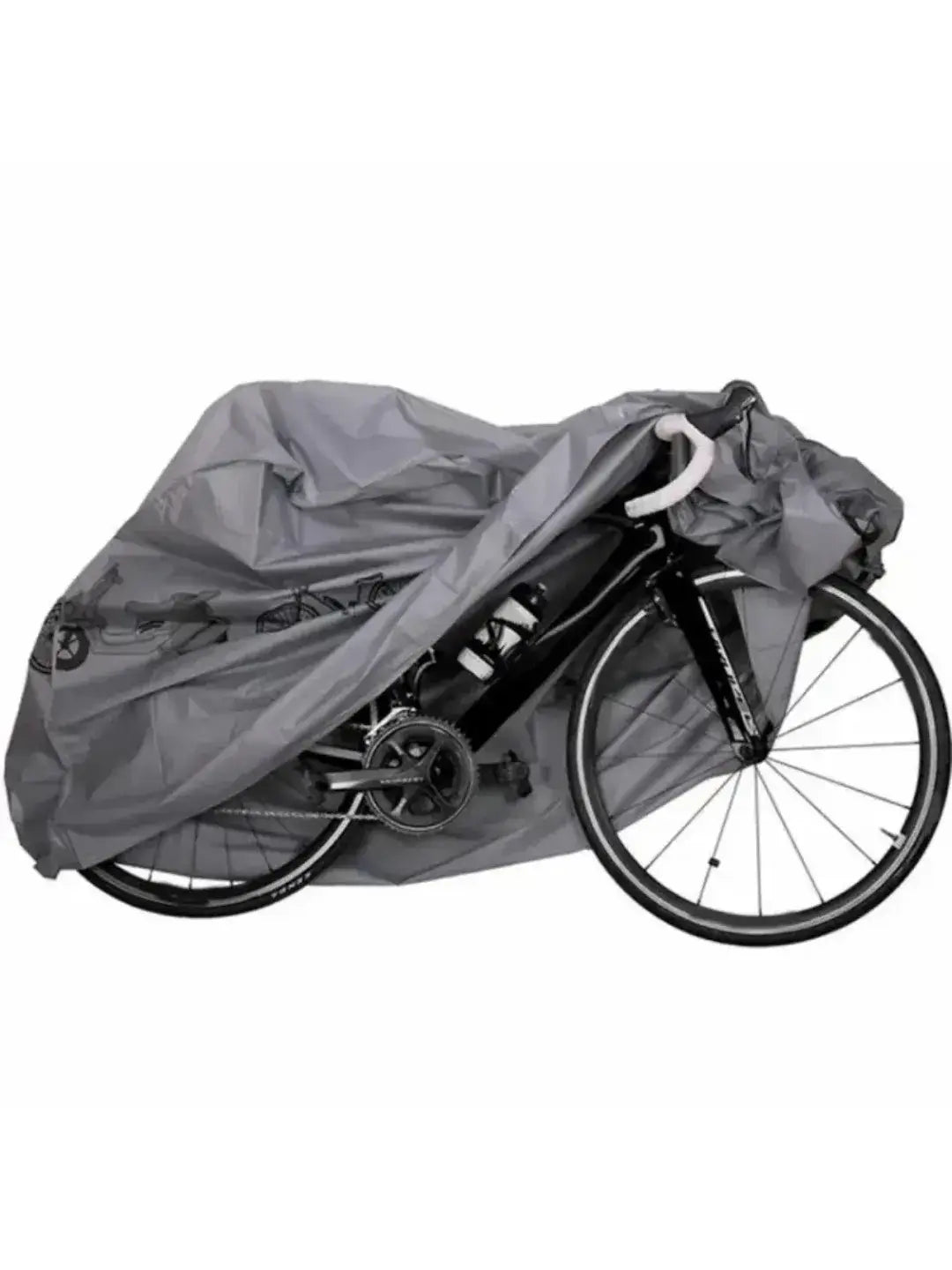 Side view of a silver-gray waterproof bicycle cover fitted over the frame and rear wheel of a road bike on white background