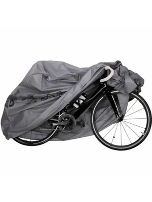 Side view of a silver-gray waterproof bicycle cover fitted over the frame and rear wheel of a road bike on white background