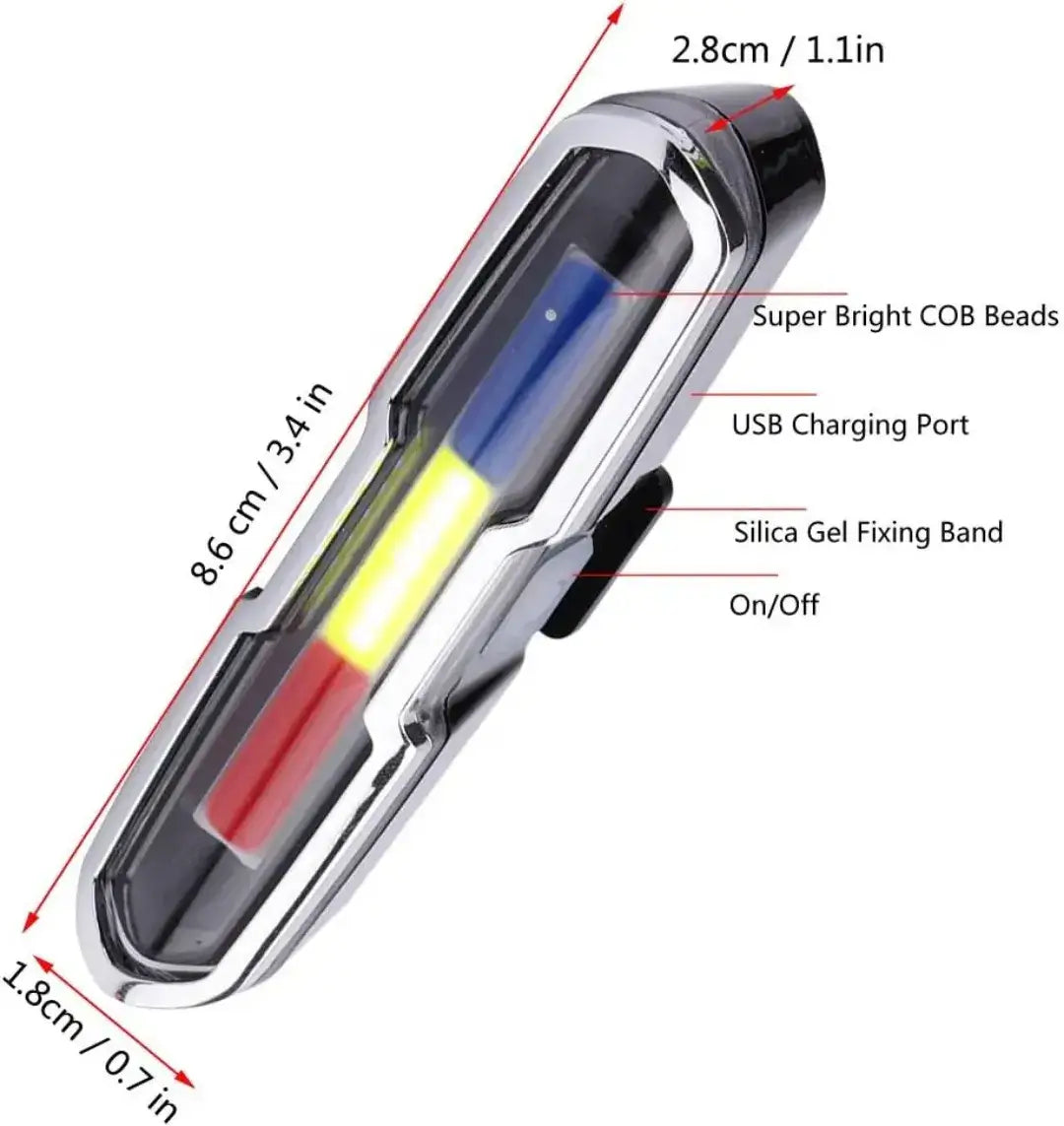 Bicycle tail light diagram showing 8.6 x 1.8 x 2.8 cm dimensions, USB charging port, mounting band and power button.