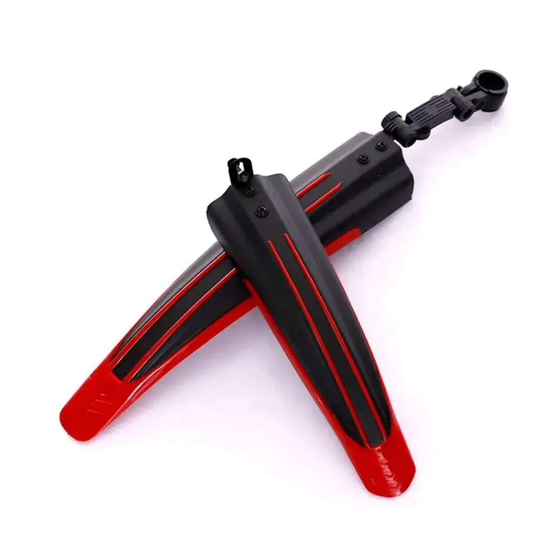 Black and red 2-piece adjustable bicycle mudguard set.