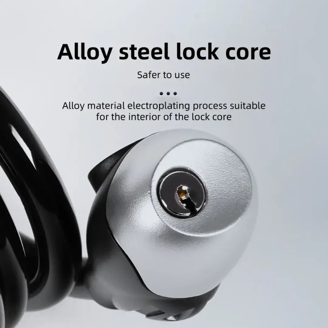 Close-up of a silver alloy steel lock core cylinder with text reading "Alloy steel lock core" on a light gray background.