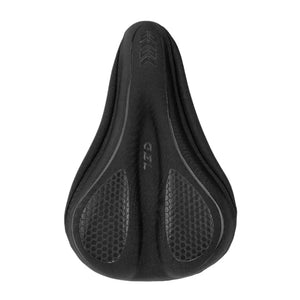 Black bike seat cushion cover top view featuring honeycomb grip panels and GEL logo