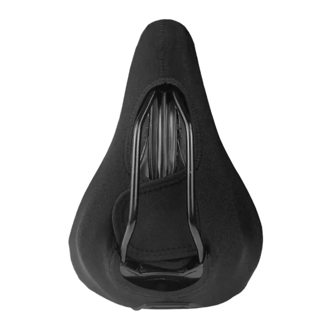 Underside view of a black padded bicycle saddle cushion cover showing metal seat rails and mounting frame, isolated on white background