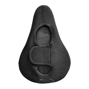 Top view of black bike seat cushion cover with three central airflow cutouts