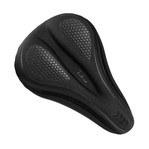 Black gel padded bicycle saddle cover featuring textured mesh grip panels and embossed GEL logo, isolated on white background