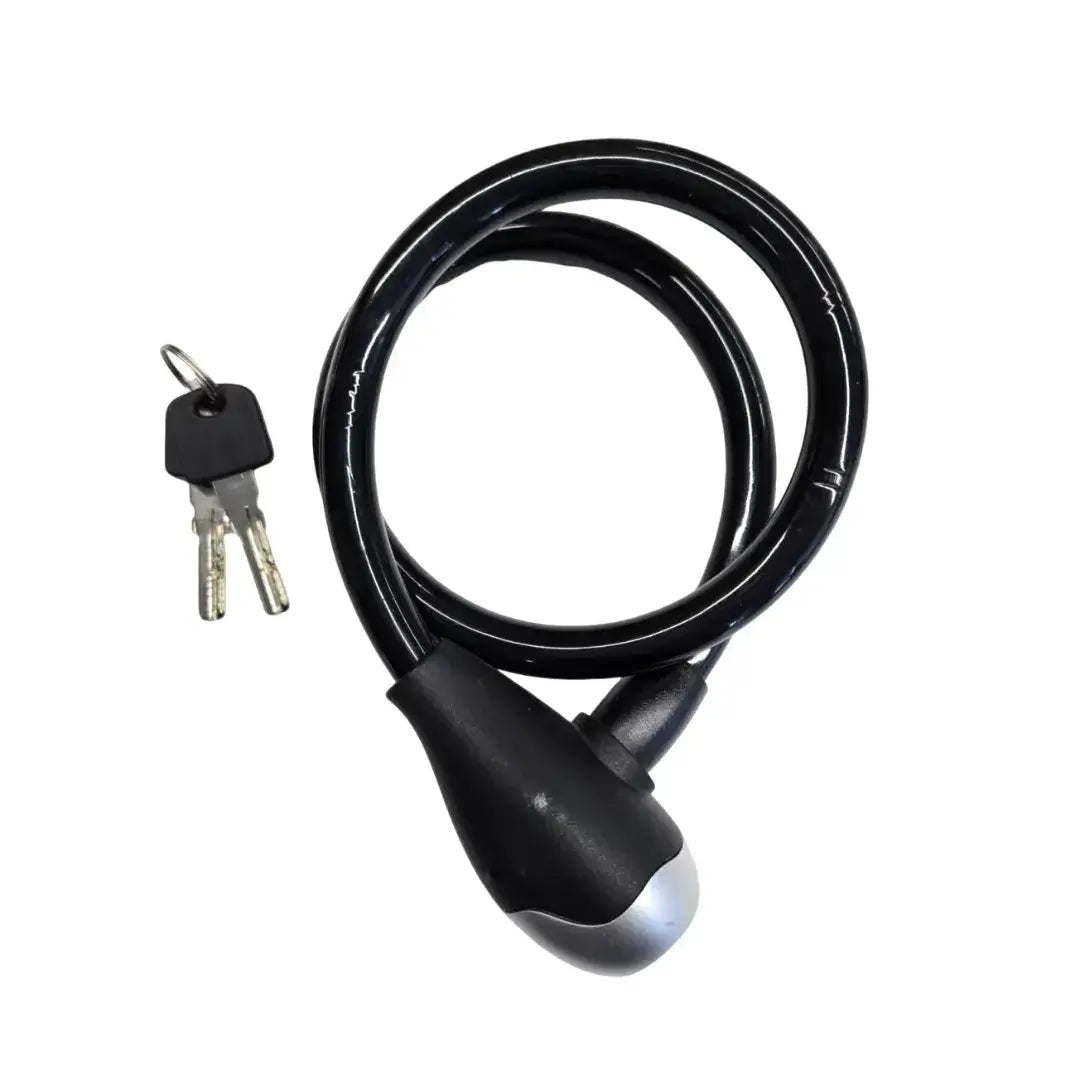 Black coiled bicycle cable lock with a silver-accented cylinder head, displayed with two keys on a plain white background.