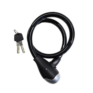 Black coiled bicycle cable lock with a silver-accented cylinder head, displayed with two keys on a plain white background.