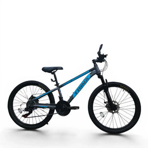 Trinx K024 24-Inch mountain bike in black with Blue branding, shown from a side profile featuring front suspension fork, disc brakes, and Kenda tires on a white background.
