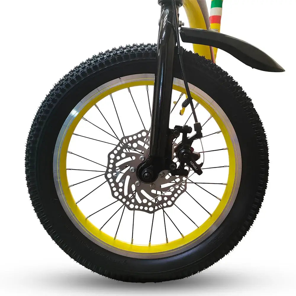 Front wheel close-up of RF 16-inch yellow kids bike with disc brake and mudguard