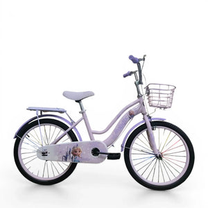 Side view of a Purple Roadix 20-inch girls bicycle with front basket and Frozen graphics.