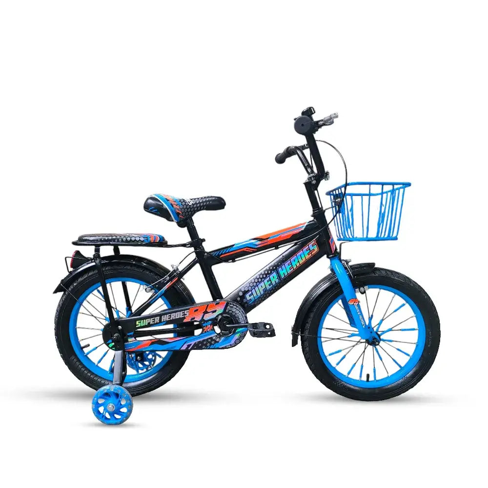 Side profile view of Super Hero 16-inch blue and black kids bike with training wheels and front basket.
