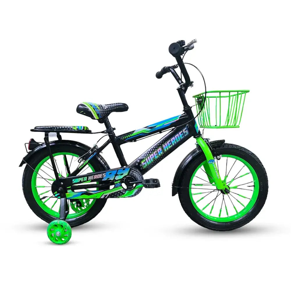 Side profile view of Super Hero 16-inch green and black kids bike with training wheels and front basket.