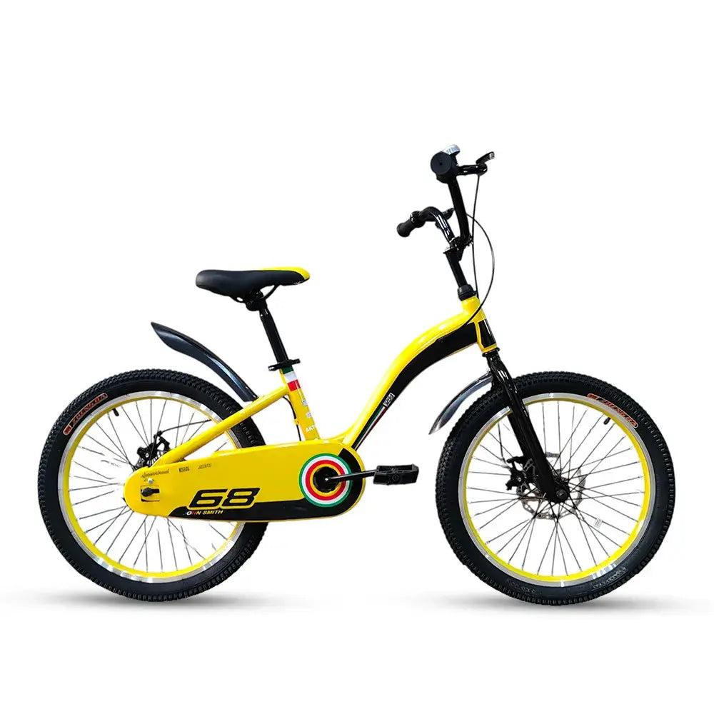 Side profile view of RF 20-inch yellow and black kids bike with disc brakes, knobby tires, and full chain guard.