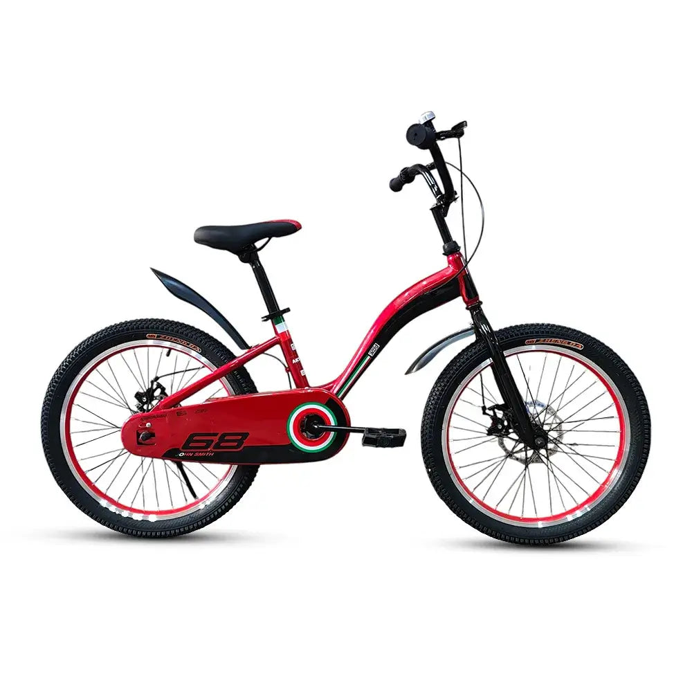 Side profile view of RF 20-inch red and black kids bike with disc brakes, knobby tires, and full chain guard.