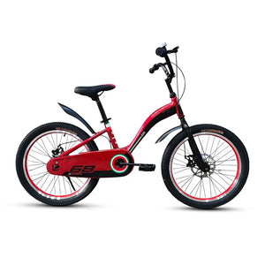 Side profile view of RF 20-inch red and black kids bike with disc brakes, knobby tires, and full chain guard.