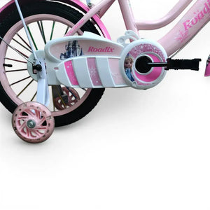 Close-up of pink Roadix girls bicycle chain guard, pedal, and training wheel