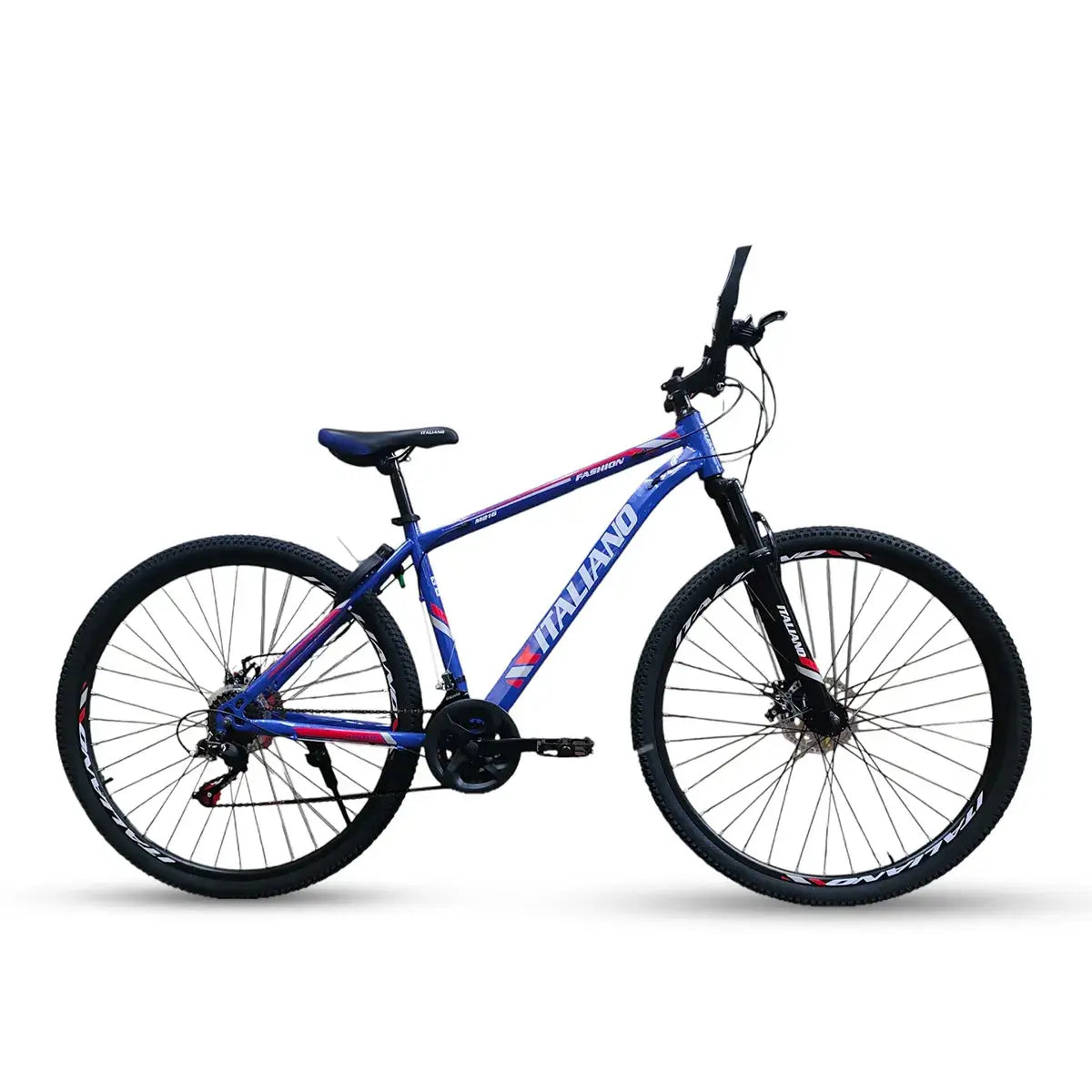 Side profile of Italiano M216 mountain bike in blue and red with front suspension fork and disc brakes.