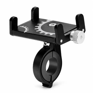 Black adjustable 4-claw bicycle phone holder with silver adjustment knob and handlebar clamp on a white background