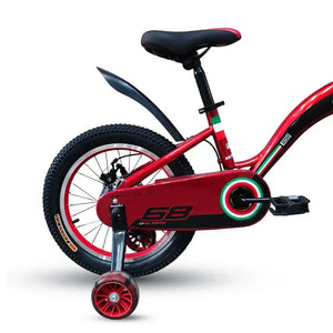 Rear side view of RF 16-inch kids bicycle in red showing training wheel, full chain cover, and rear fender