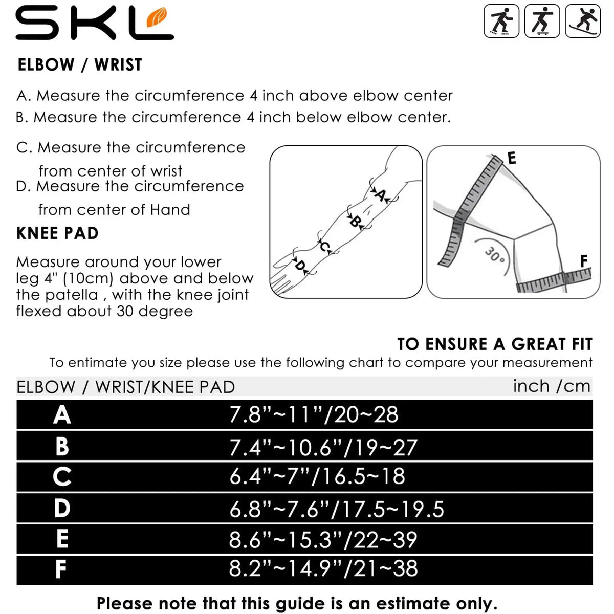 SKL Protective Gear Sizing Chart – Instructions and Measurements Table for Elbow, Wrist, and Knee Pads